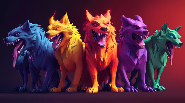 Pack of wild hellhounds - colorful, happy, friendly, 3d cartoon,. Cerberus. Illustration
