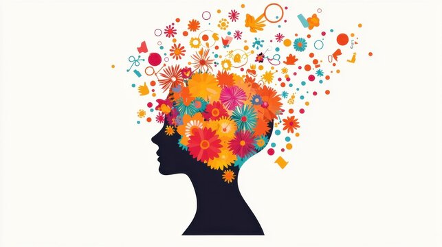 Abstract Blossoming Mind: A human head in silhouette with flowers blooming from within, symbolizing how nurturing a growth mindset leads to flourishing thoughts and ideas