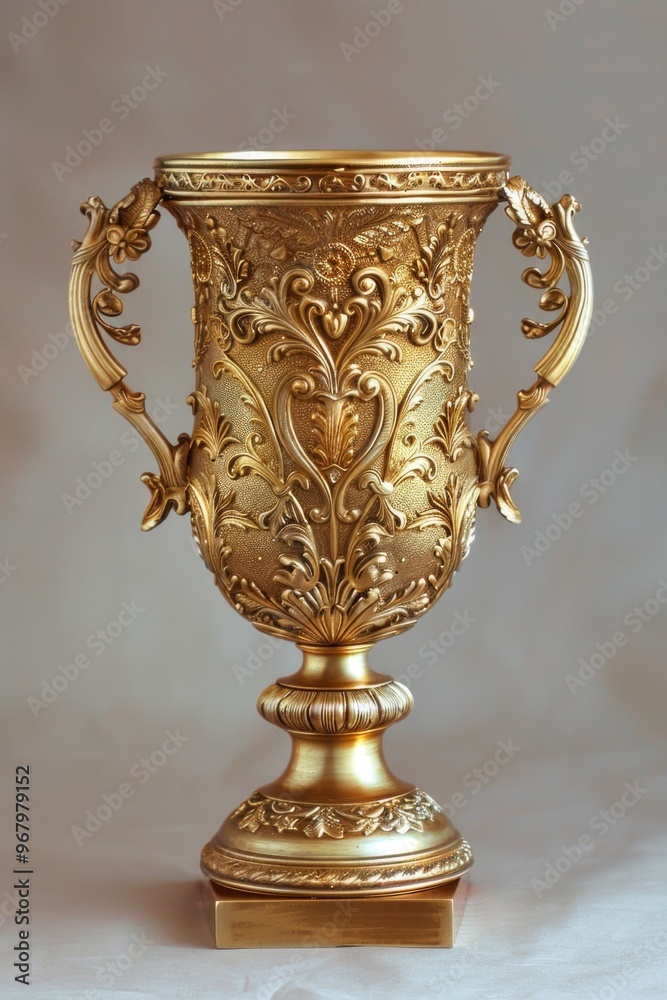 Poster a gold vase sits atop a table with a simple background