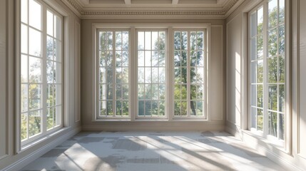 Empty room with large windows and natural light. Classic interior design with white walls and green outdoor view. Architectural and space concept for real estate