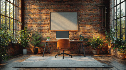 A modern office with a desk and an empty frame.