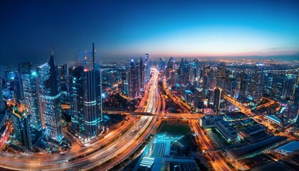 Fototapeta premium Imágenes Aéreas de una Ciudad Nocturna con Luces Brillantes y Paisaje Urbano