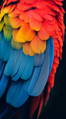 Fototapeta premium Close up of vibrant parrot feathers in red blue and yellow with intricate texture and detailed natural pattern