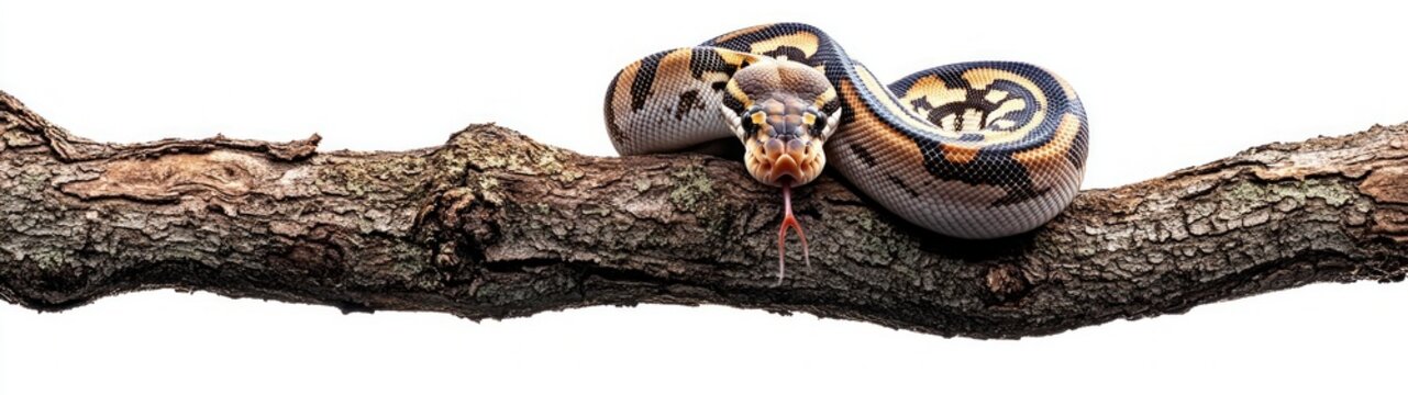 Ball Python Coiled on Branch, a striking full-body view of a ball python gracefully wrapped around a branch, set against a pristine white backdrop, showcasing its vibrant scales.