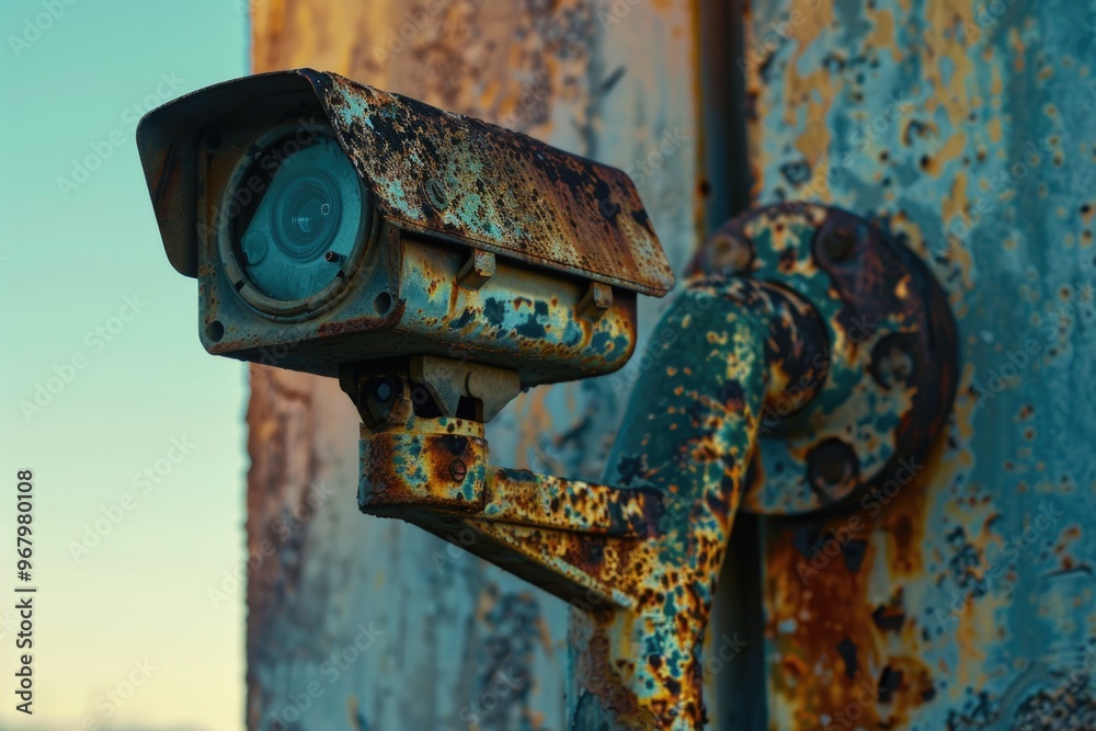 Aufkleber a rusty camera mounted on the side of a building, ready for use