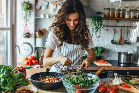 A person prepares a healthy salad in a modern kitchen, perfect for a quick lunch or dinner
