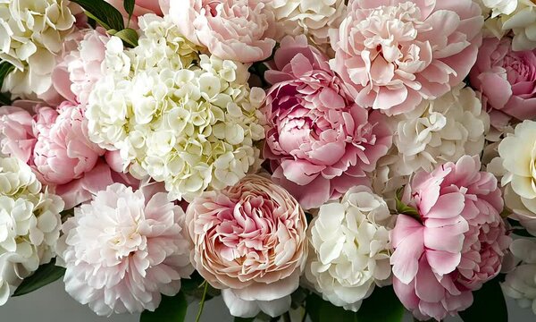 Pink and White Peonies and Hydrangeas Bouquet