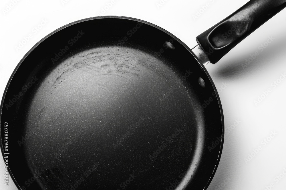 Poster a black frying pan placed on a white surface, ready for use
