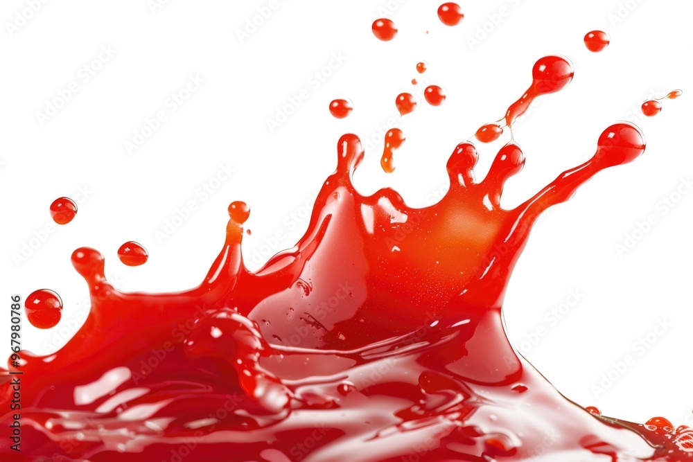 Poster a drop of red liquid splashes onto a clean white surface