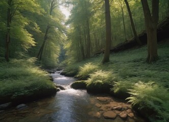 Fototapeta premium A tranquil stream gently flowing through a lush green forest, creating a peaceful atmosphere