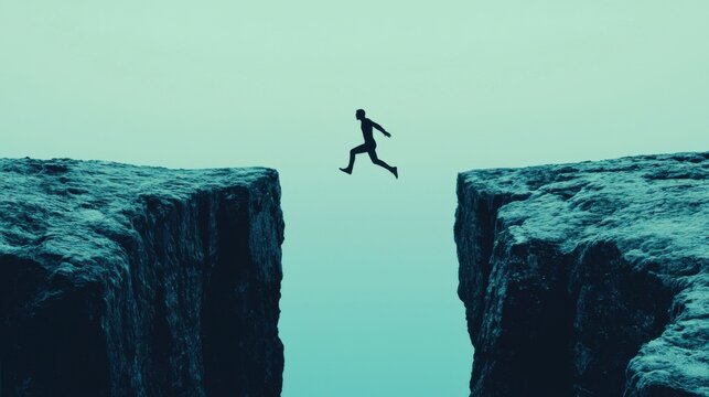 Action Beats Readiness: A figure jumping over a gap between two cliffs without a bridge, symbolizing taking action even without feeling fully ready