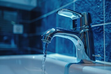 A faucet with flowing water in a bathroom setting