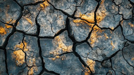 Fototapeta premium A close-up of cracked earth with hints of orange, illustrating drought or dry conditions.