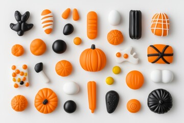Assorted Halloween-themed candies in orange, black, and white colors arranged neatly on a white background.