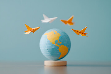 Fototapeta premium Globe with Paper Airplanes Flying Around It | Global Connectivity and International Travel Concept