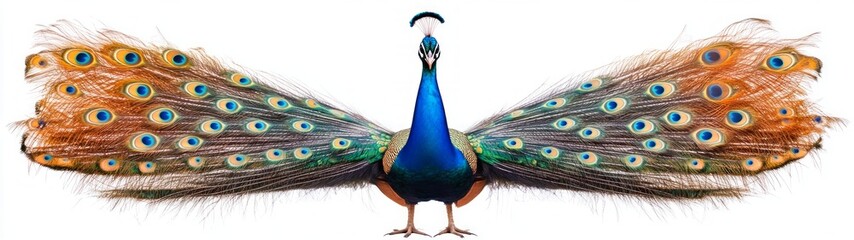 Fototapeta premium Majestic Peacock Display, a stunning full-body portrait showcasing a vibrant peacock with its colorful feathers fanned out against a pristine white backdrop.