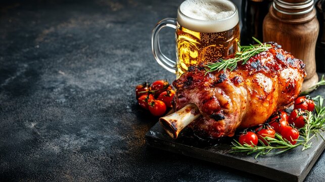 German food, Roasted pig knuckle with beer, roasted pork knuckle from Bavaria, isolated on dark background. Oktoberfest. text area, recipe, menu, banner