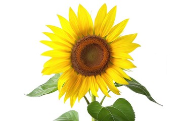 Fototapeta premium A bright yellow sunflower sits on a clean white background, its green leaves and stem adding depth to the image