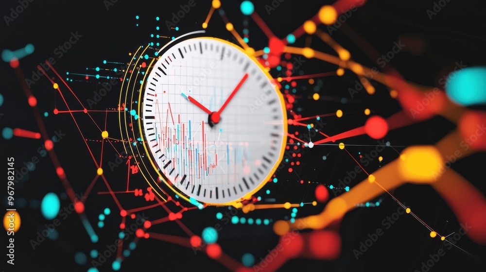 Poster an abstract clock with hands turning into graphs and metrics, representing time as a critical factor