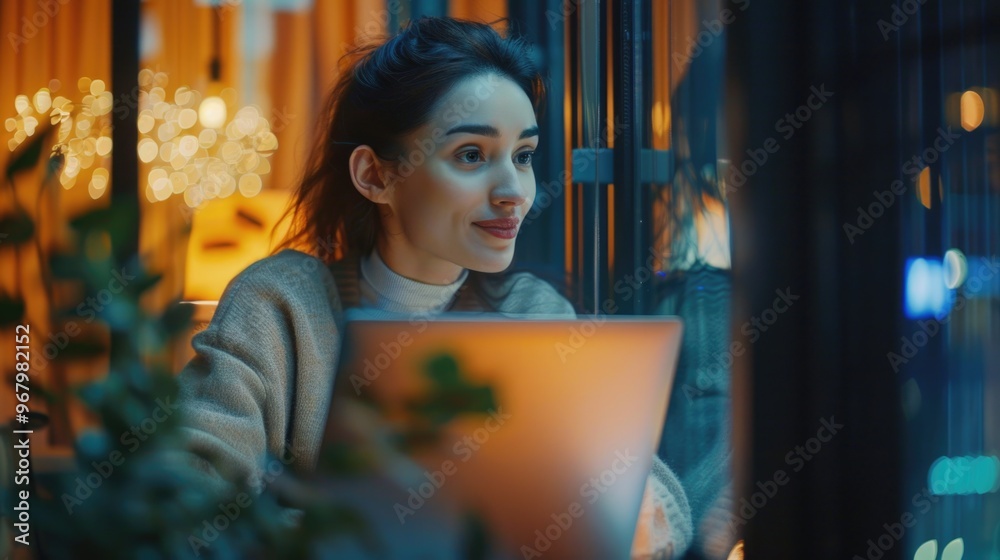 Poster a person sitting in front of a laptop computer, likely doing work or browsing online