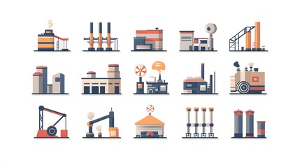 Naklejka premium Collection of Flat Industrial Buildings with Chimneys, Smoke, and Machines