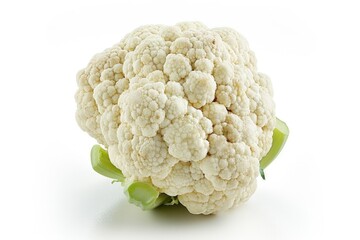 A fresh head of cauliflower sits on a clean white surface, ready for use in various recipes