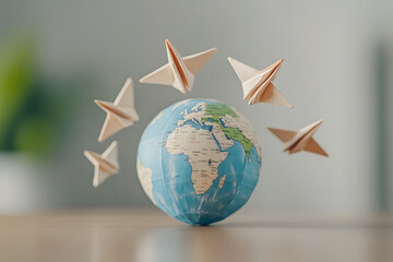 Globe with Paper Airplanes Flying Around It | Global Connectivity and International Travel Concept