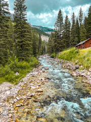 Obraz premium Mountain stream flowing through forest with cabin nearby