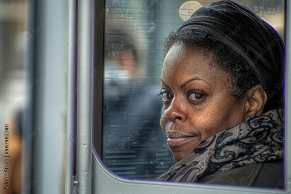 Poster a person looking outside through a bus window