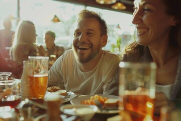 People sharing meal and drinks around a table