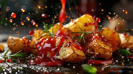 A shot of a plate of food with ketchup applied on top, suitable for use in recipes or advertising condiments