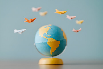 Fototapeta premium Globe with Paper Airplanes Flying Around It | Global Connectivity and International Travel Concept