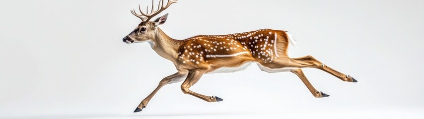 Fototapeta premium Bounding deer with antlers, dynamic pose, white backdrop, showcasing grace and vitality, emphasizes the animal's majesty and strength in an uncluttered setting.