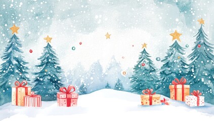Watercolor Christmas background with trees, gifts, snow, and winter landscape for postcard