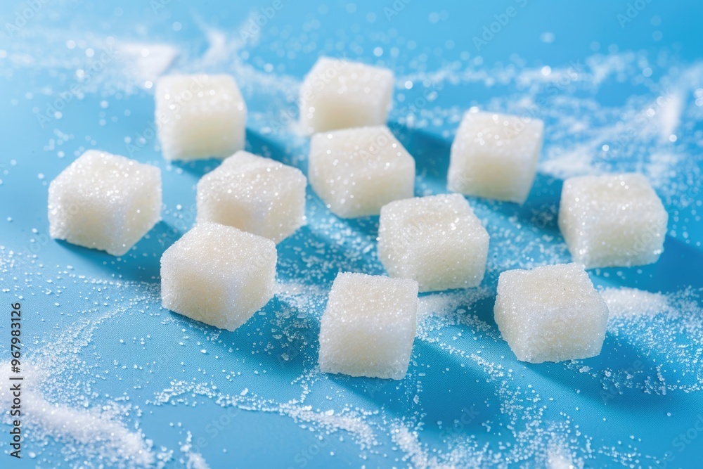Poster a stack of sugar cubes on a bright blue background, great for use in food and beverage related conte