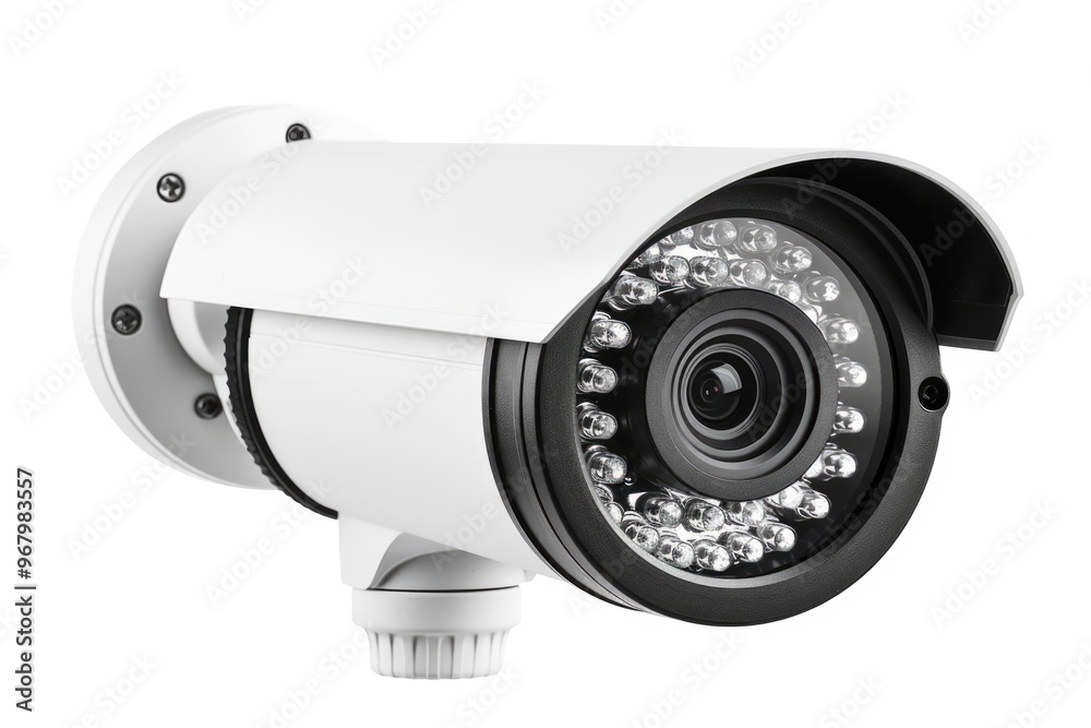 Poster A security camera sitting on a white background, ready to capture images and monitor its surroundings