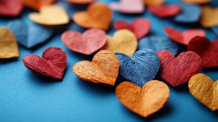 Obraz premium Colorful paper hearts on blue background, love and craft concept