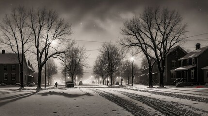 Generative AI, Snow-Covered Street in a Quiet Winter Suburban Neighborhood