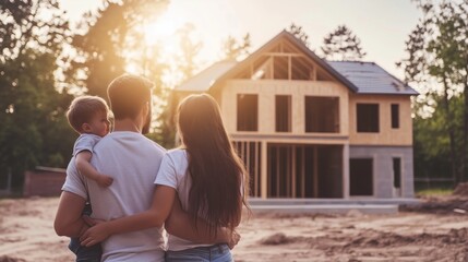 A family watches their future home being built during a golden sunset in a serene construction site surrounded by trees