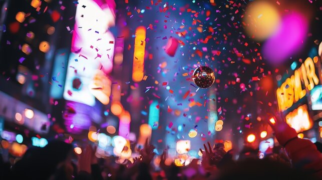 Vibrant New Year's Eve Celebration in Times Square, New York City with Colorful Confetti and Balloons