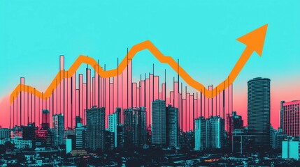Naklejka premium An abstract skyline made of bar charts and line graphs, with a bright arrow moving upward, symbolizing KPI growth and business performance improvement