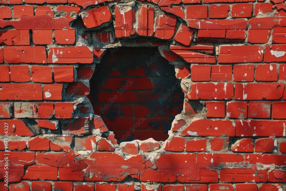 Poster a worn-out brick wall with a hole in it, perfect for use as a background or to represent damage or d