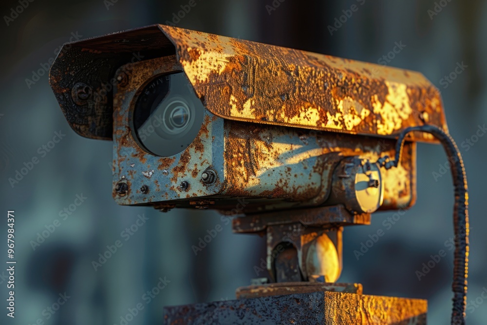 Poster an old camera mounted on a metal pole with rust and corrosion visible