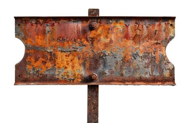 An old rusty metal sign on a pole with peeling paint and faded lettering