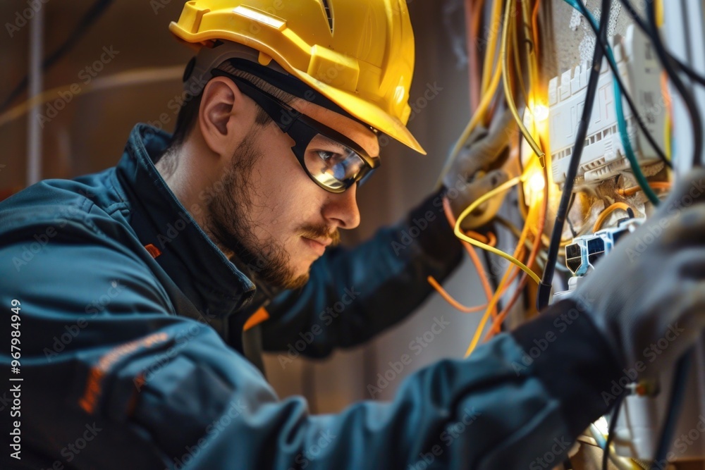 Poster A person in a hard hat is working on electrical wires, one informative phrase about the pictured scene and a one phrase with a short advice of where may be used this picture