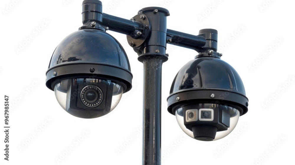Poster two cameras attached to a pole for monitoring or surveillance