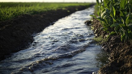 A detailed shot of pesticide-contaminated water running off from a large agricultural field, highlighting ecological concerns, in a clean journalistic style