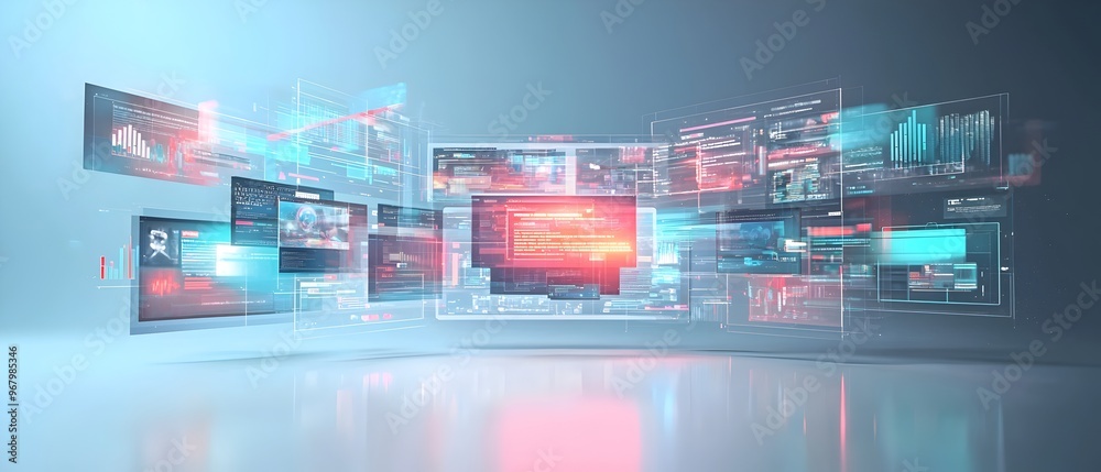 Poster futuristic 3d rendering showcasing an innovative and immersive web design layout featuring a complex