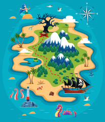 Pirate island with treasures map with red dotted line leads the way to hidden treasure chest and landmarks such as palm trees, lighthouse, mountains, spooky tree, mermaid, pirate ship and sea creature