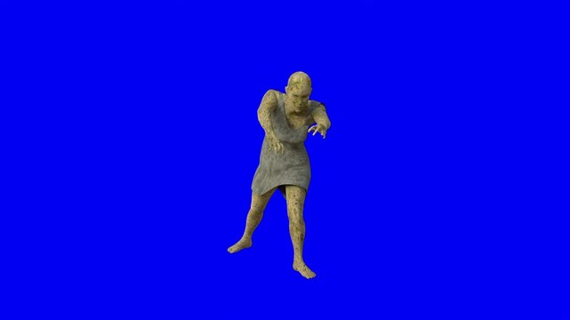 Animation of female zombie walking with loop effect. 3D rendering of a walking female zombie on blue screen background. Zombie walk. Scary woman. Horror, halloween and zombie apocalypse concept.